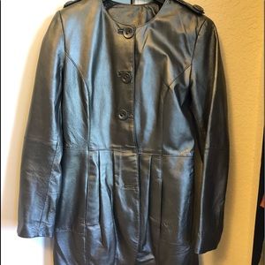 Genuine leather pleated gun metal coat